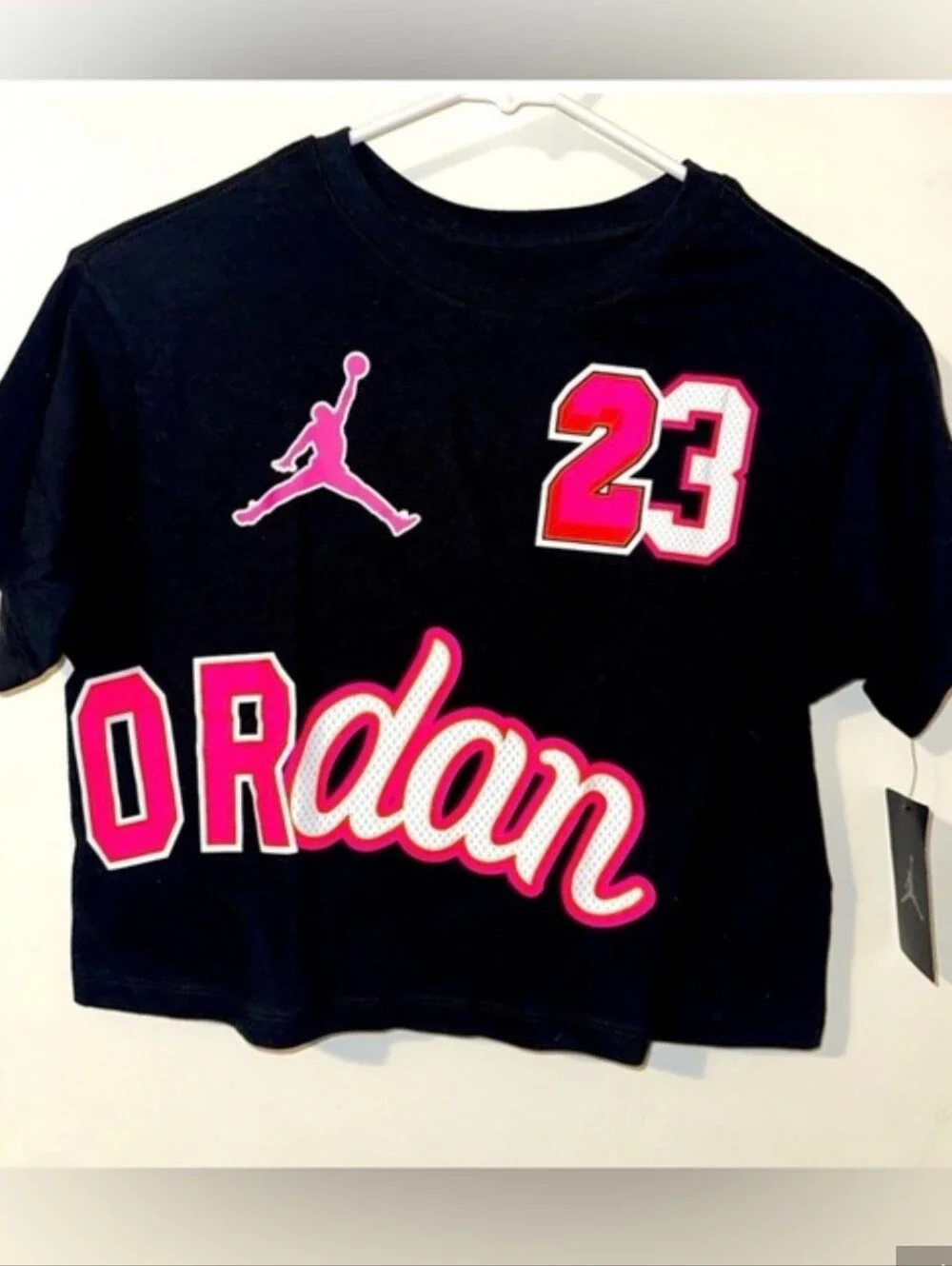Jordan Black Cropped Tee with Pink Graphic Accents NWT
